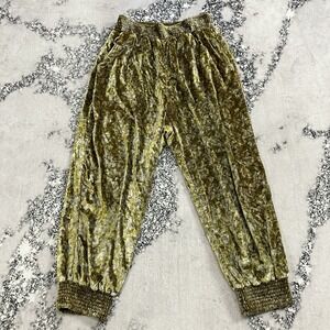 Anthropologie Velvet Floral Harem Jogger Pants Green Gold Boho Womens Size Large